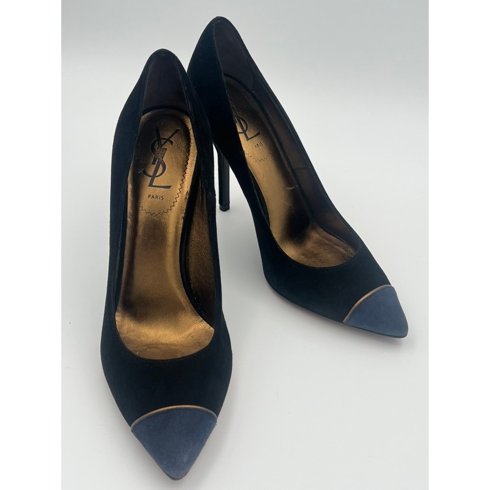 Yves Saint Laurent YSL Black Suede Blue Cap Toe Stiletto Pumps Euro 37 US 7